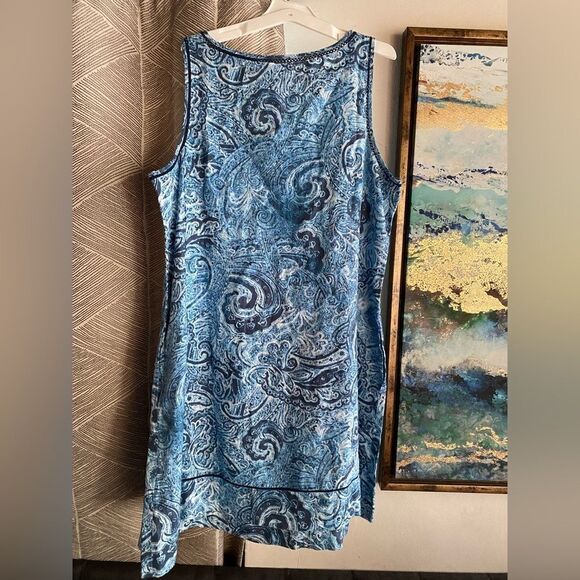 J. Jill Love Linen Dress Women Sz Large Petite Indigo Blue Paisley Waves A-line - Picture 4 of 11